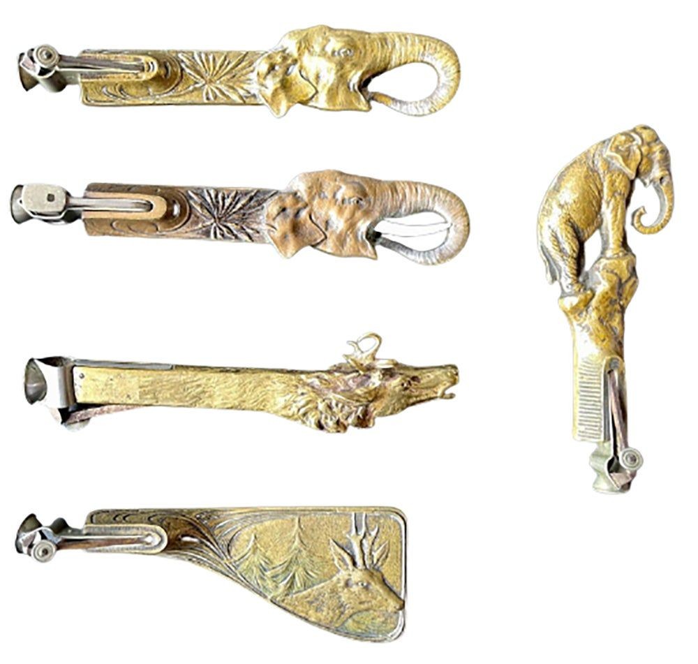 Collection of 5 Antique Metal Cigar Cutters Deer and Elephants