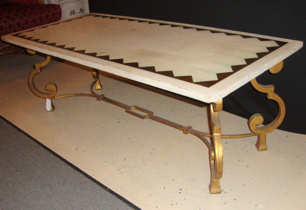 Hollywood Regency French Brass Base Coffee Cocktail Table Inlaid Marble Top