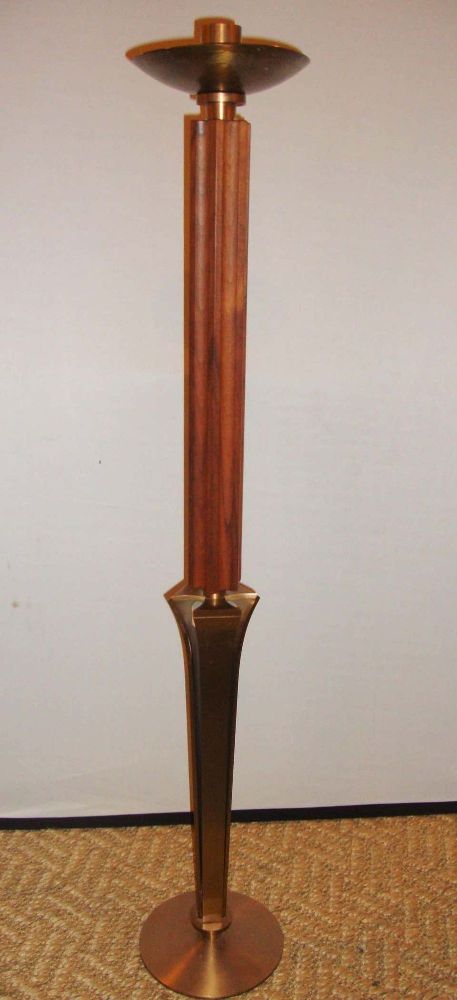 Pair of Mid-Century Modern Teak and Brass Standing "Prickets" Candlesticks