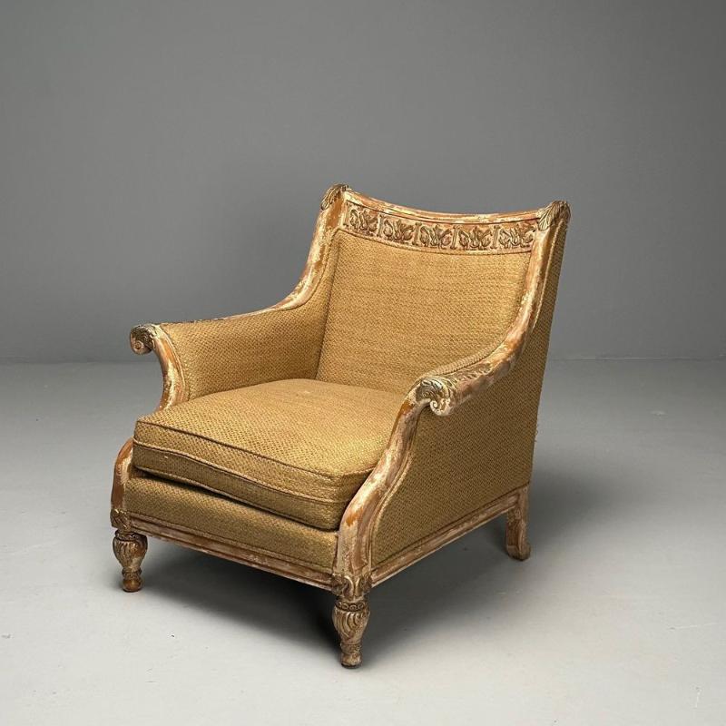 Gustavian, Italian Renaissance Style, Chair, Burlap, Distressed Paint, Giltwood