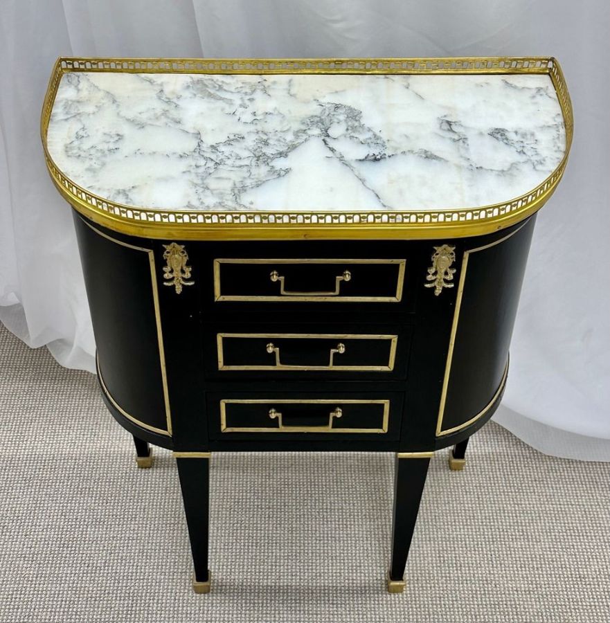 Single Ebony Demilune Marble Top Bronze Mounted End / Side Table