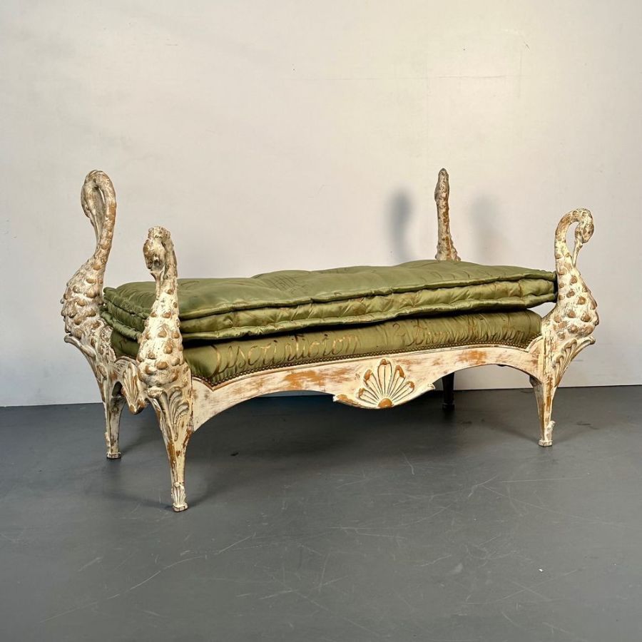 Hollywood Regency Swan Bench / Daybed by Maison Jansen, Hand Carved, Distressed