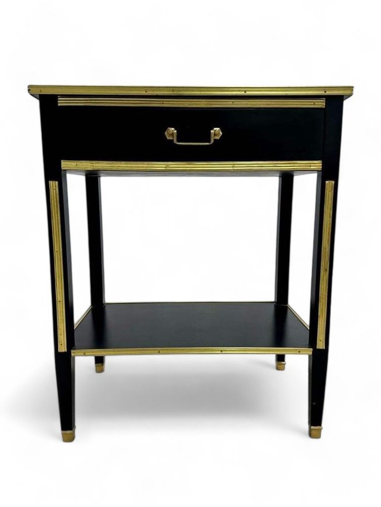 Maison Jansen Style, Hollywood Regency, Nightstands, Black Painted Wood, Brass