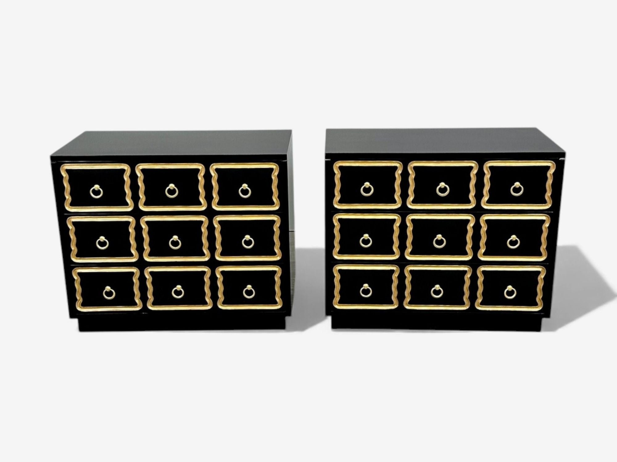 Dorothy Draper Style, Hollywood Regency, Black Lacquer, Gilt, Brass, Commodes