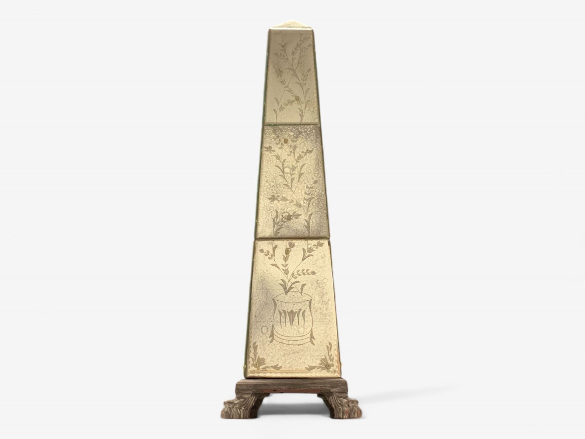 Venetian, Etched Glass Panels, Distressed Mirror, Obelisks, 20th C.