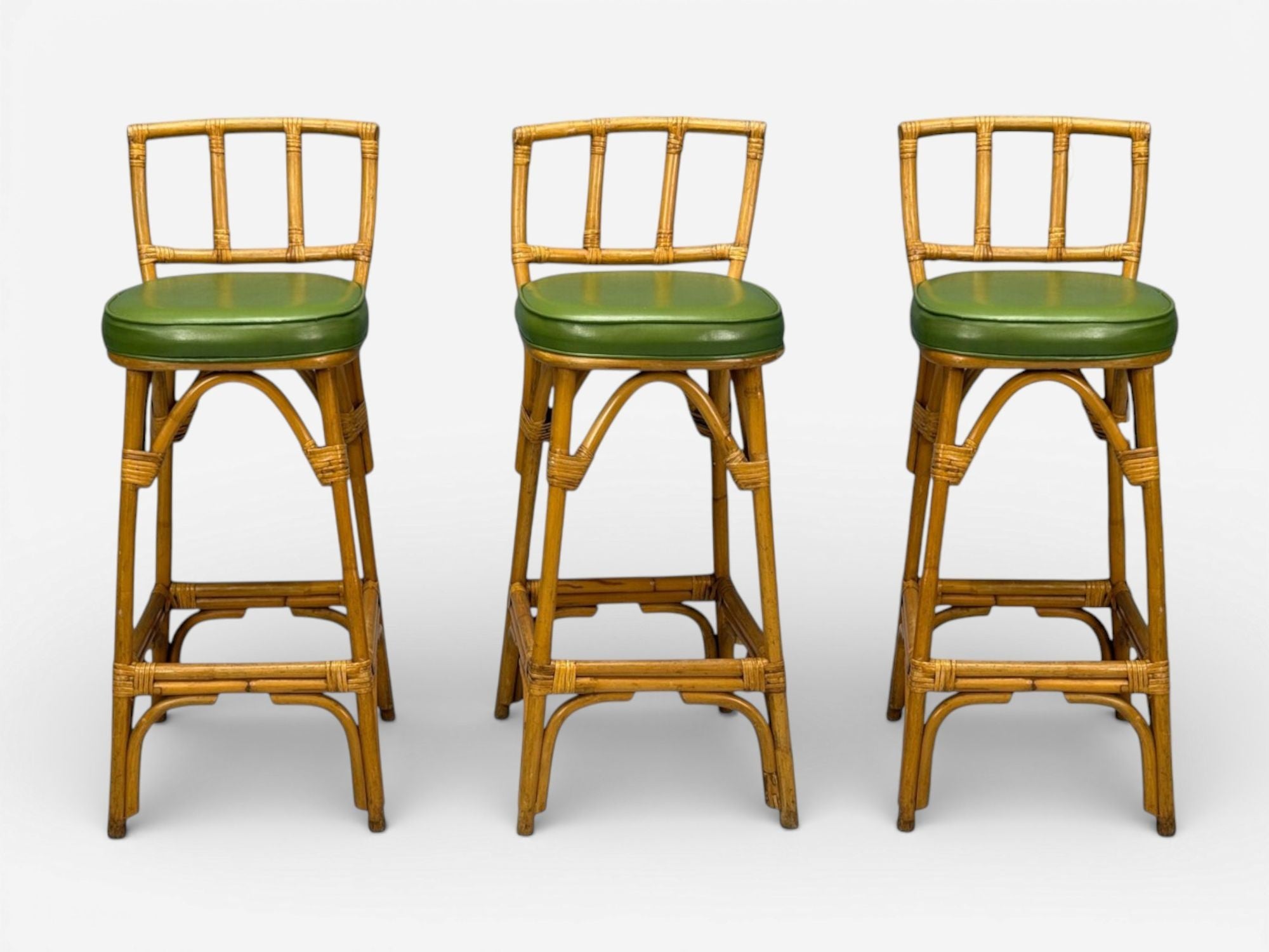 Dutch Modern, Bamboo, Green Leather, Three Barstools, Netherlands, 1970s