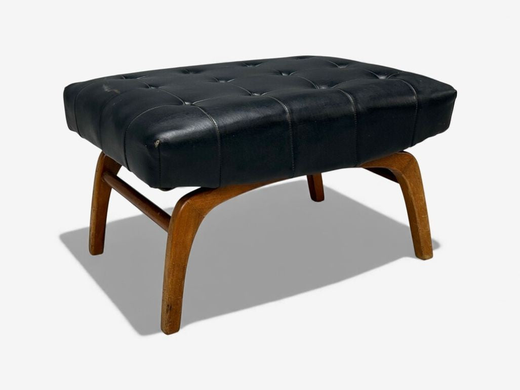 Danish Modern, Black Leatherette, Stained Wood, Footstool, Denmark, 1950s