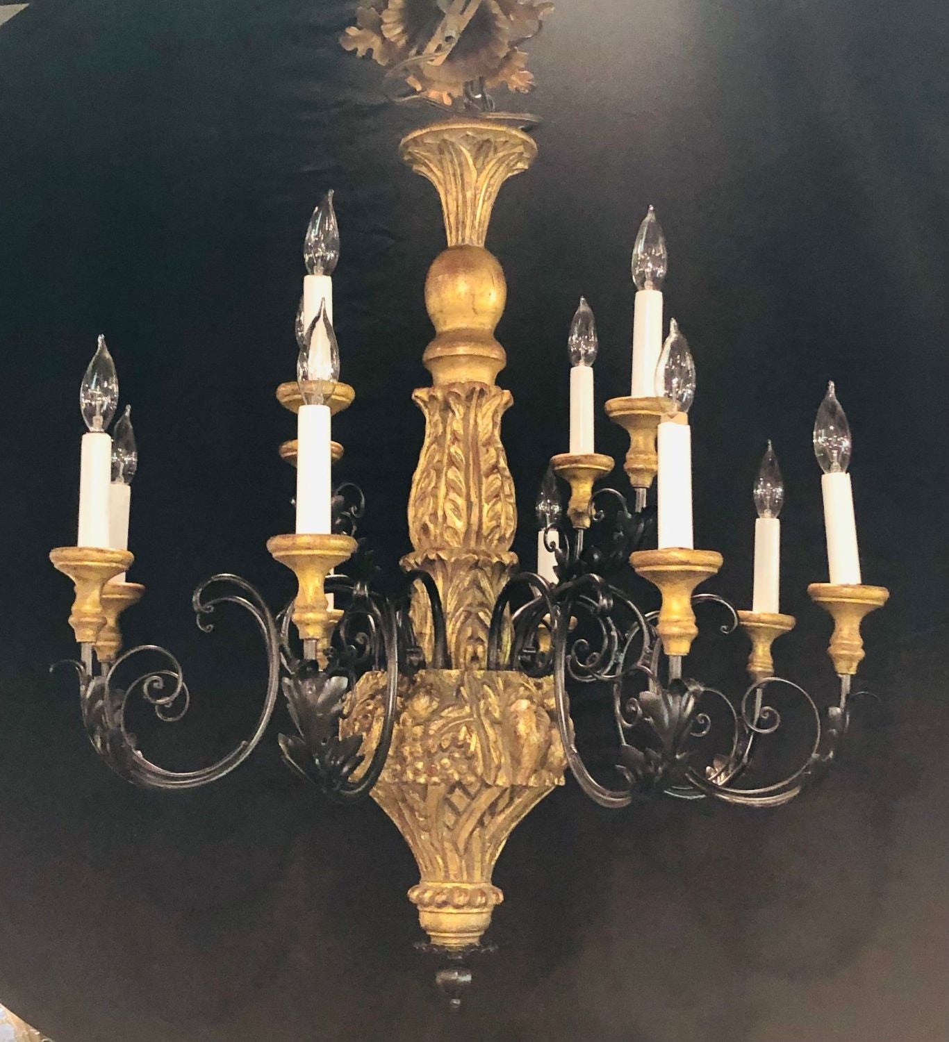 Twelve Light Italian Parcel-Gilt Decorated Chandelier with Canopy
