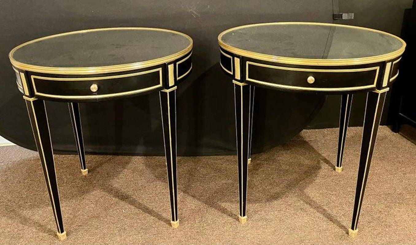 Hollywood Regency Ebony Bouillote or End Tables, Manner Jansen Mirror Tops, Pair