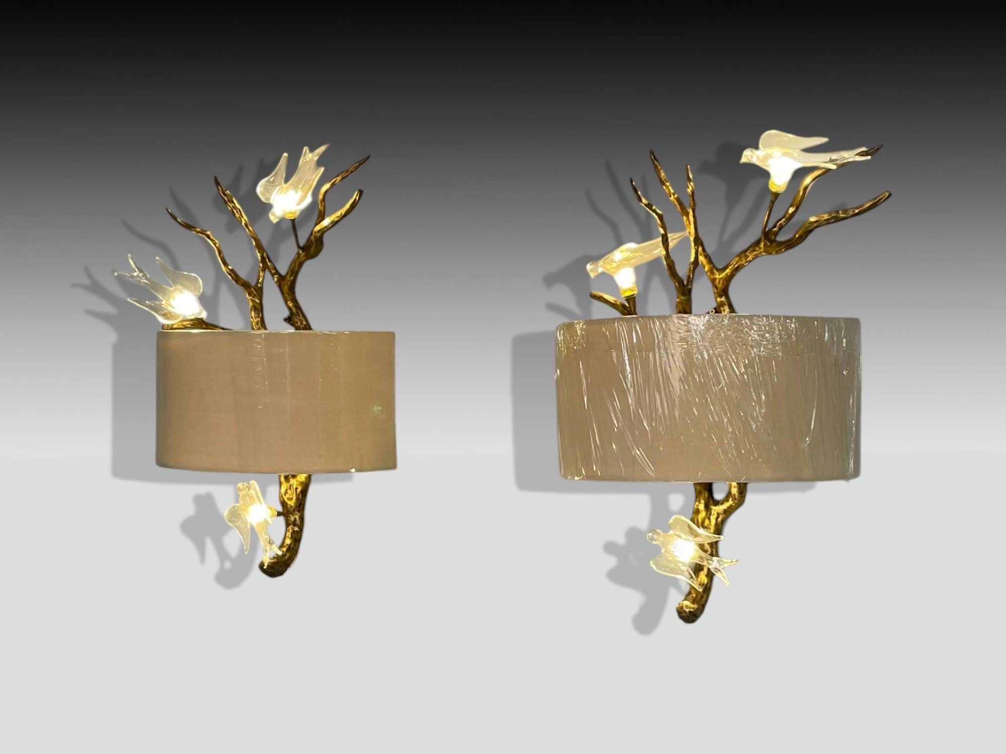 Brutalist Modern, Hammered Bronze, Crystal, Linen, Bird Wall Sconces, 21st C.