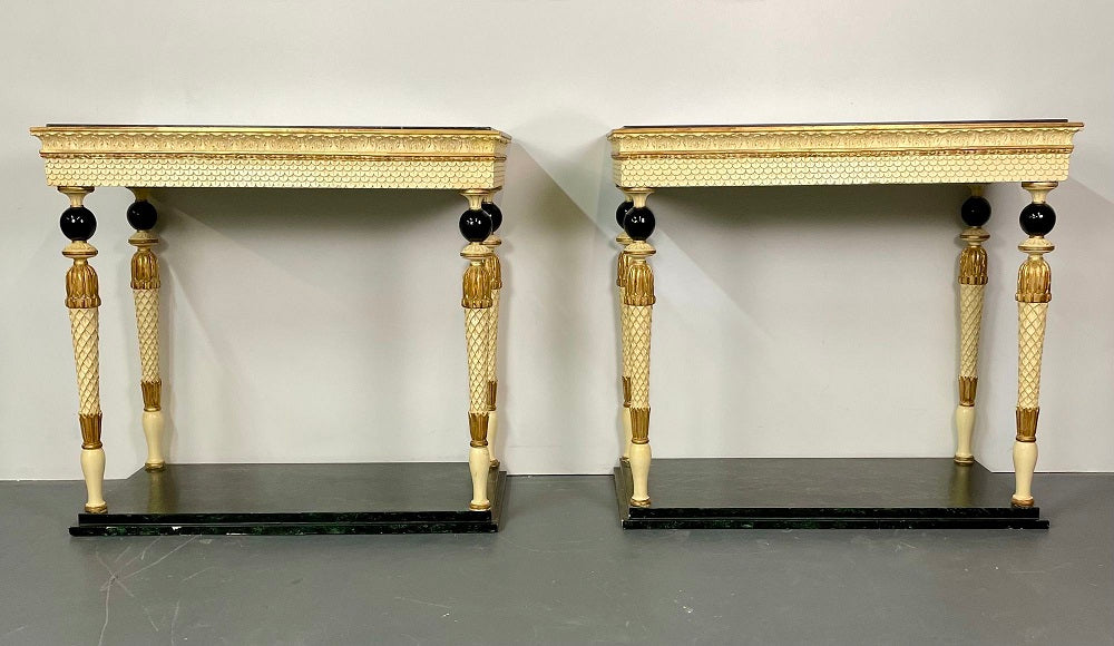 Pair of Maison Jansen Console Tables, Neoclassical, Marble Top, Paint Decorated