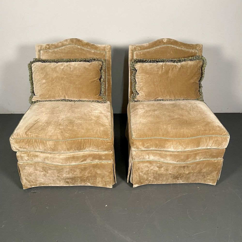 Pair of Louis XVI Style Mohair Slipper or Lounge Chairs, Traditional, Velvet