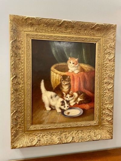 19th/20th Century Oil Painting of Kittens in a Basket at Feeding Time