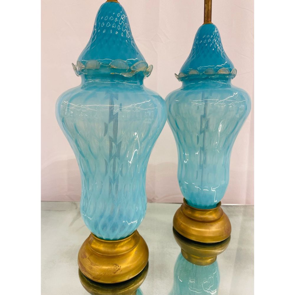 Pair of Italian Mid-Century Modern Murano Glass Table Lamps, Turquoise, Brass