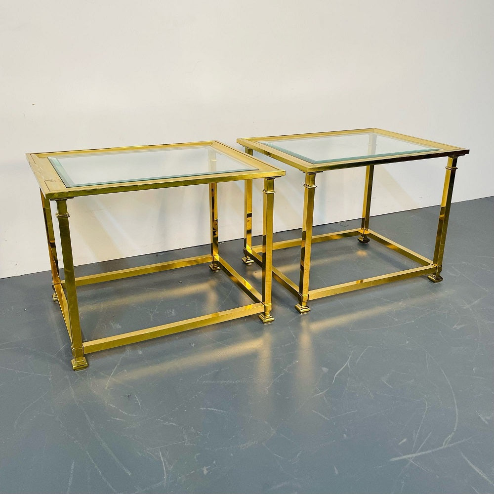 Pair Hollywood Regency Mastercraft Brass, Glass End / Side Tables, Mid-Century