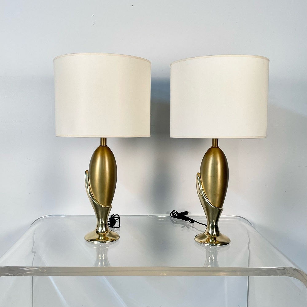 Pair of French Mid-Century Modern Sculptural Bronze Table / Desk Lamps