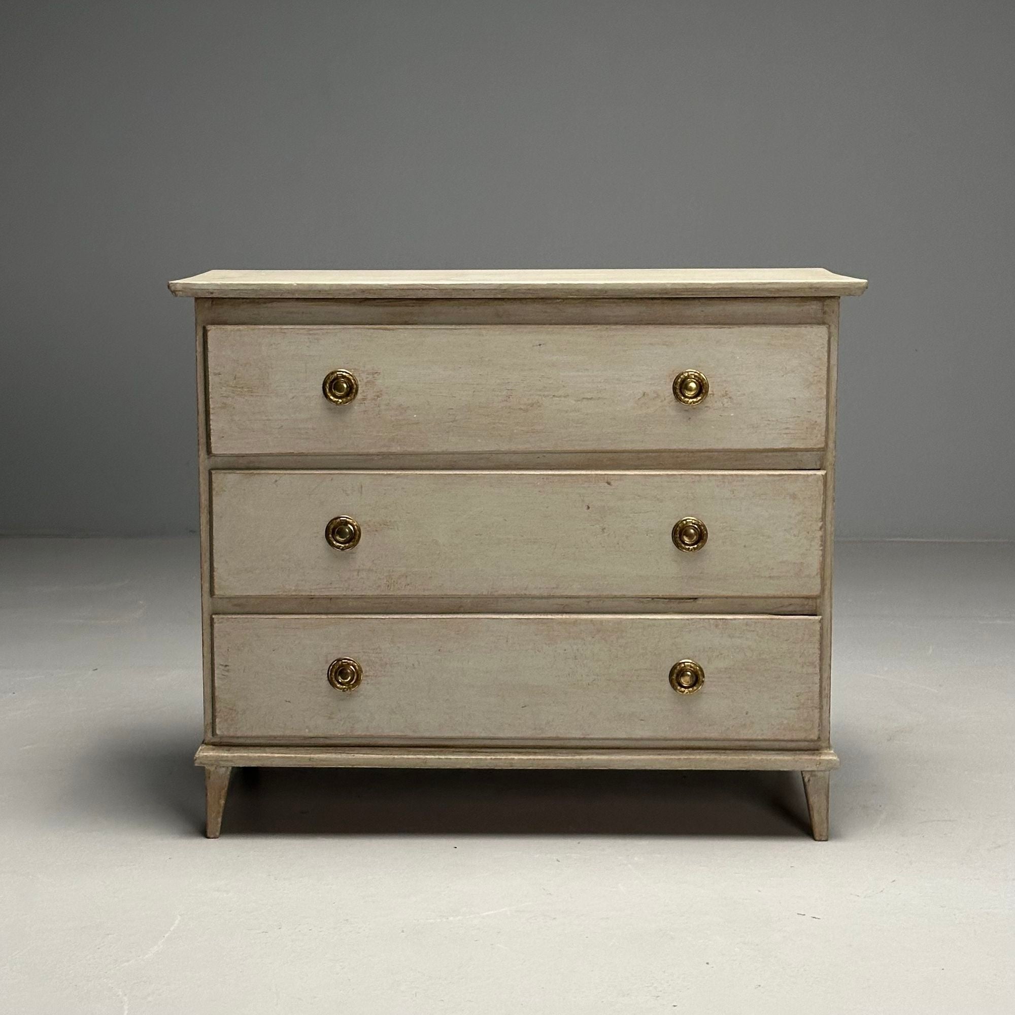 Gustavian, Swedish Commode, Grey Paint Distressed, Brass, Sweden, 1940s