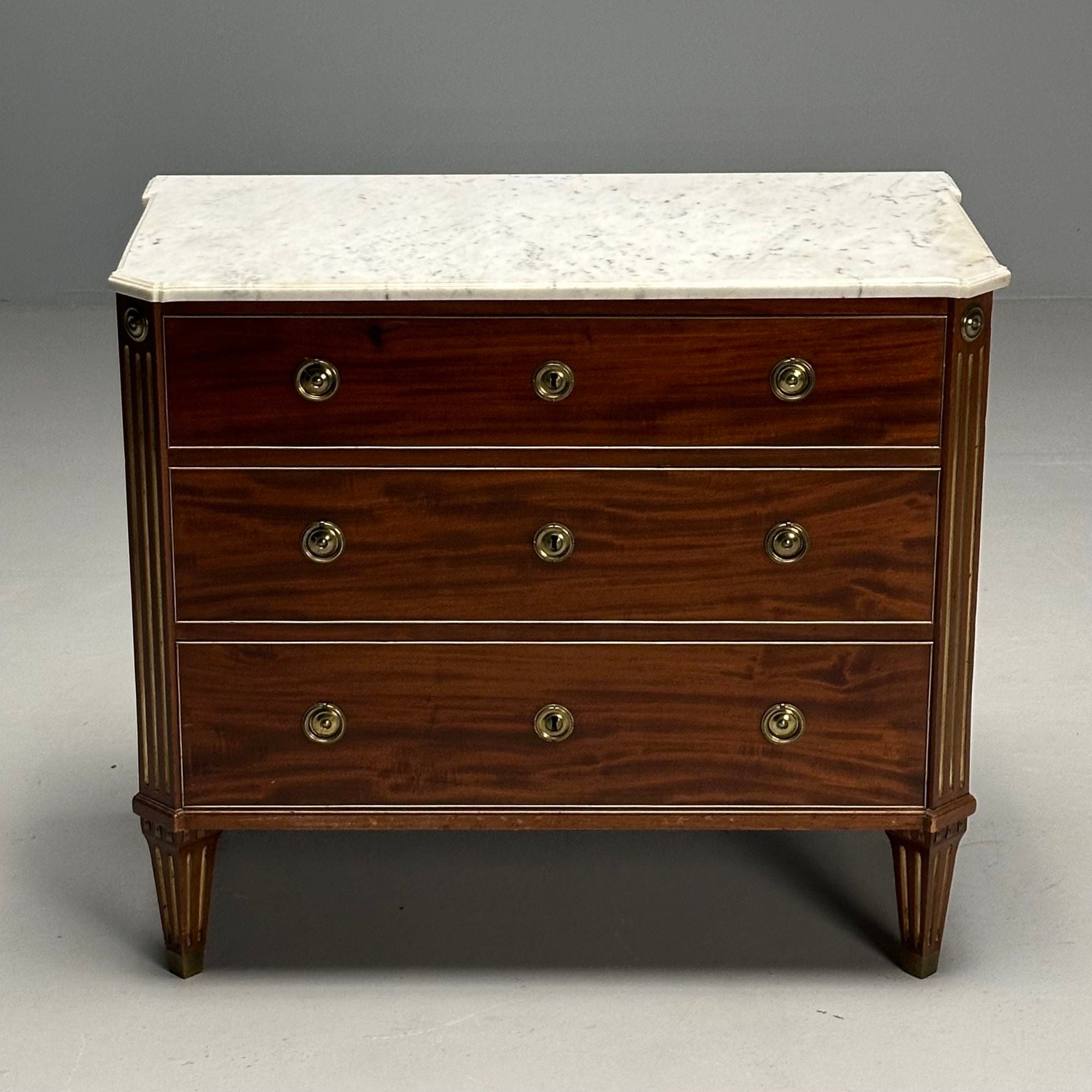 Gustavian, Louis XVI Style, Swedish Chest, Walnut, Brass, Marble, Sweden, 1960s