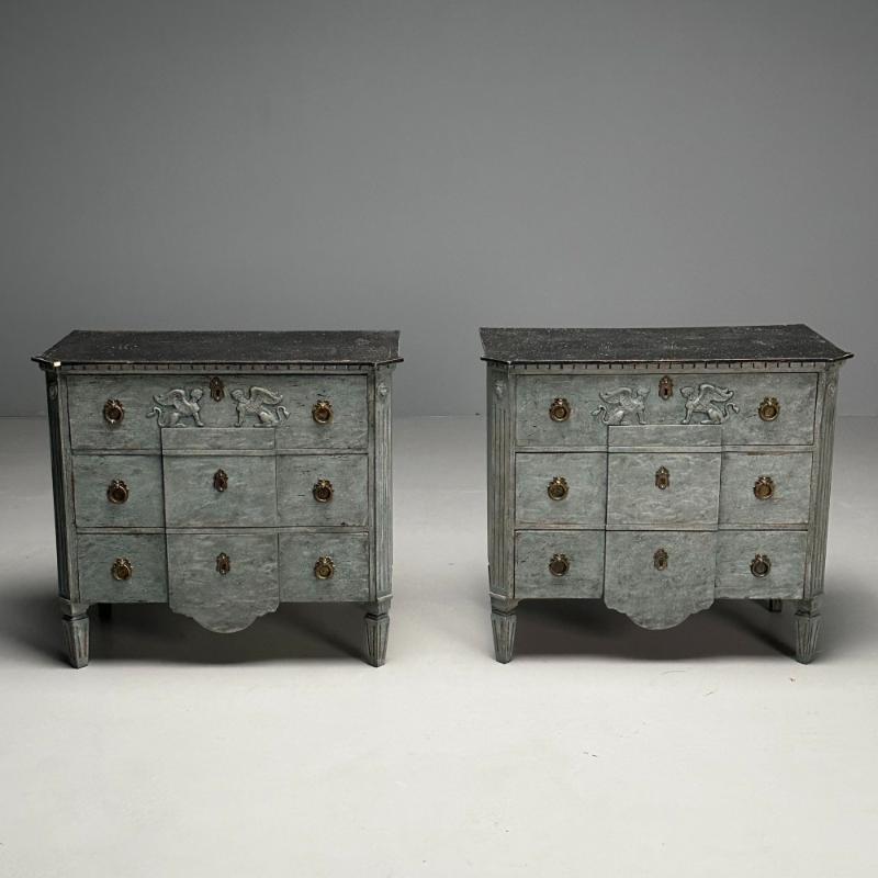 Gustavian, Swedish Commodes, Blue Paint Distressed, Brass, Sweden, 19th C.