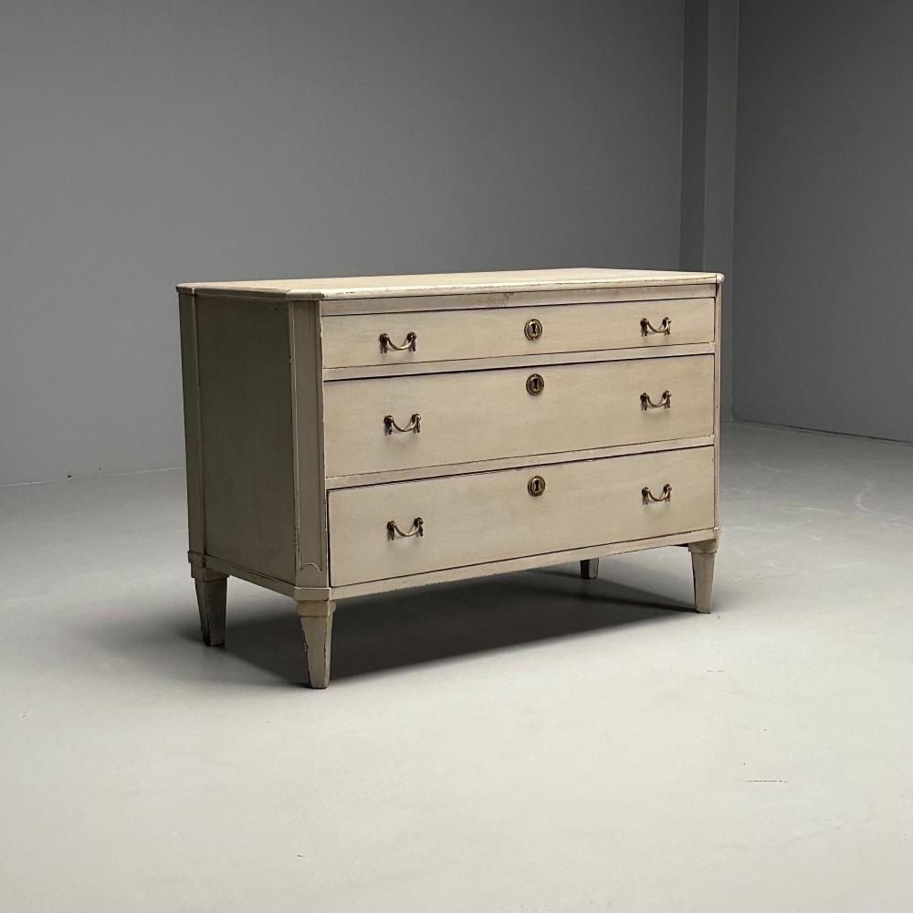 Gustavian, Swedish Commode, Gray Paint Distressed, Brass, Sweden, 1900s
