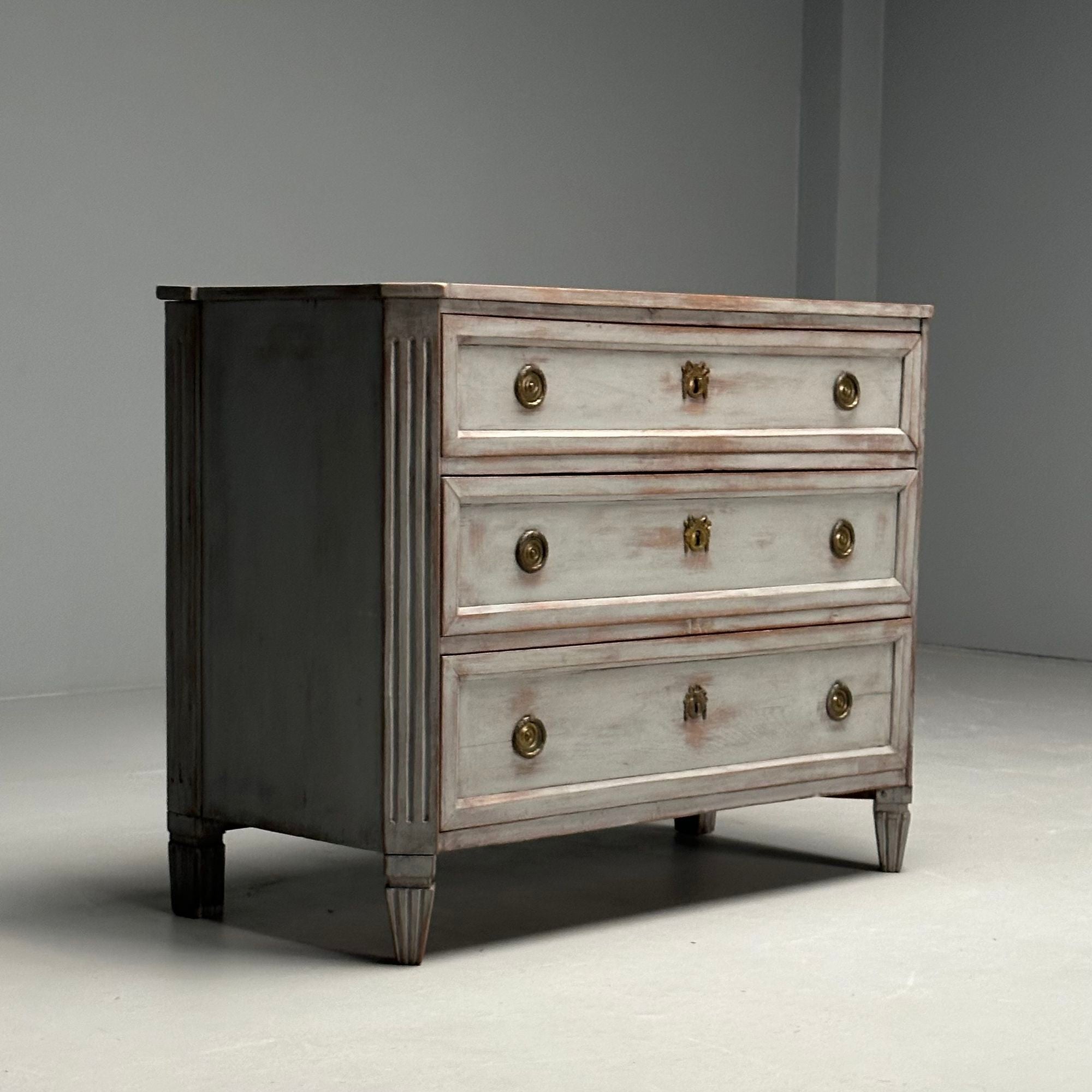 Gustavian, Swedish Commode, Gray Paint Distressed, Brass, Sweden, 1800s