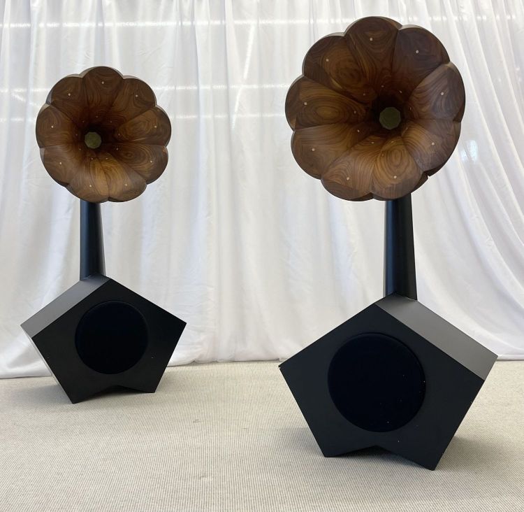 Pair Solid Wood Floor Standing High Fidelity Speakers, Walnut, Ebony, Gold Leaf