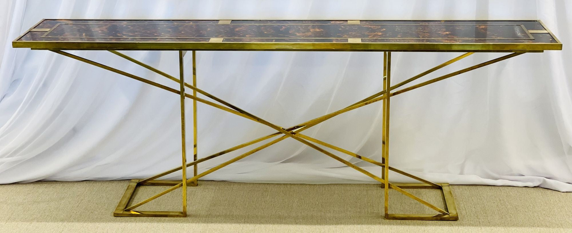 Romeo Rega Console Table, Faux Tortoise Top, Gilt Metal Base, Italy, 1970s