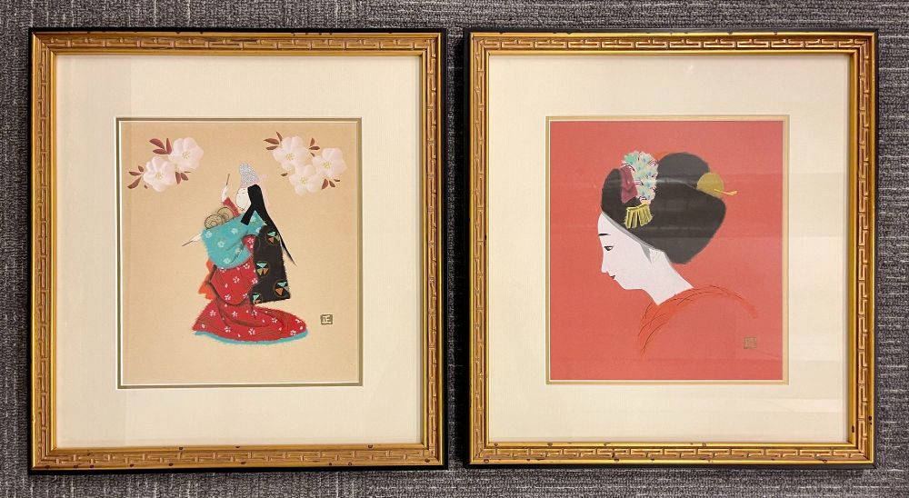 Pair of Japanese Woodblocks Custom Frames Signed