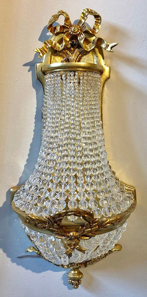 Pair of Louis XVI Style Bronze and Crystal Beaded Diminutive Wall Sconce