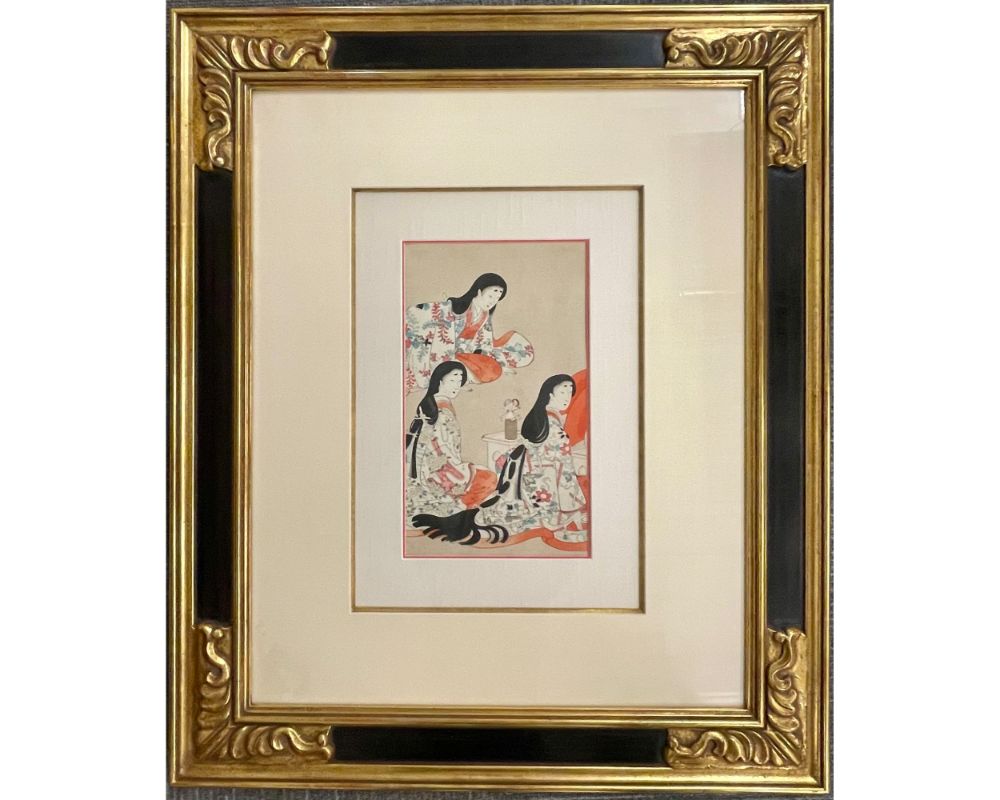 Pair Japanese Woodblock. Matted. Custom Ebony Frames.