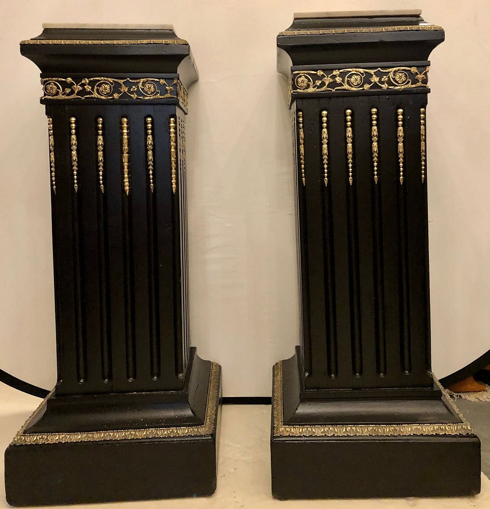 Hollywood Regency Neoclassical Ebony Pedestals, Bronze Mounted Marble Tops, Pair