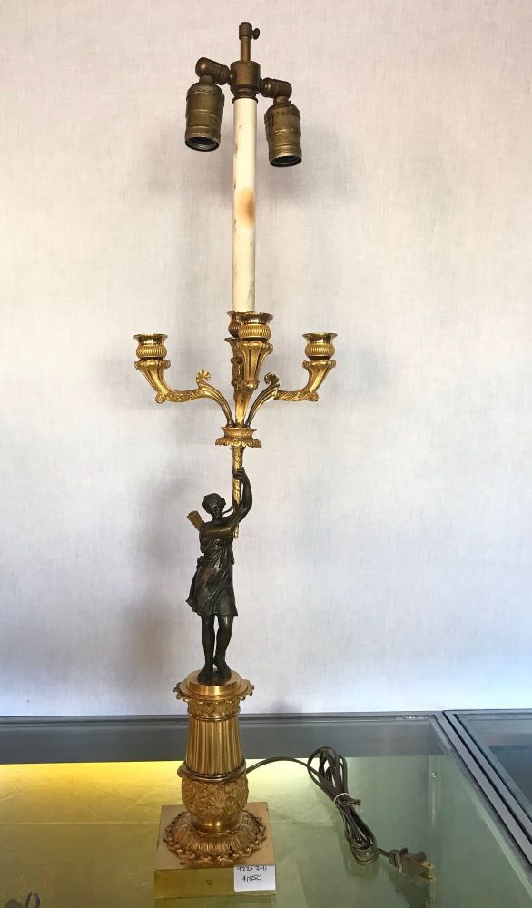 Empire Doré Bronze Candelabra Lamp Having a Patinated Woman Mounted as a Lamp
