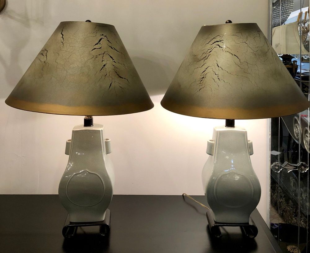 Porcelain Crackle Glaze Table Lamps Chinese Inspired Pair with Custom Shades