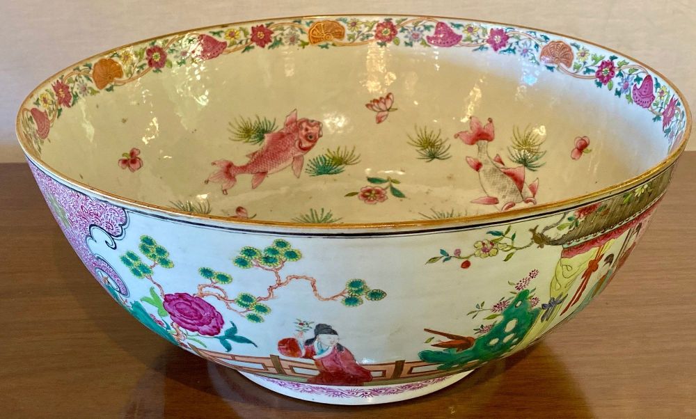 19th Century Famille Rose Chinese Export Punch Bowl, Koi Decorated