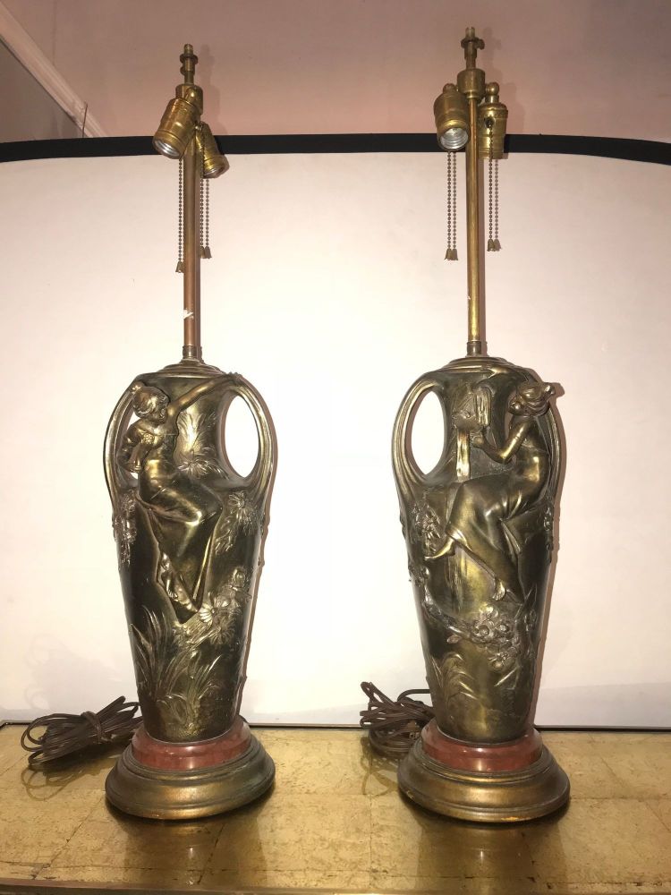 Pair of Art Nouveau Figural Urns Mounted as Lamps