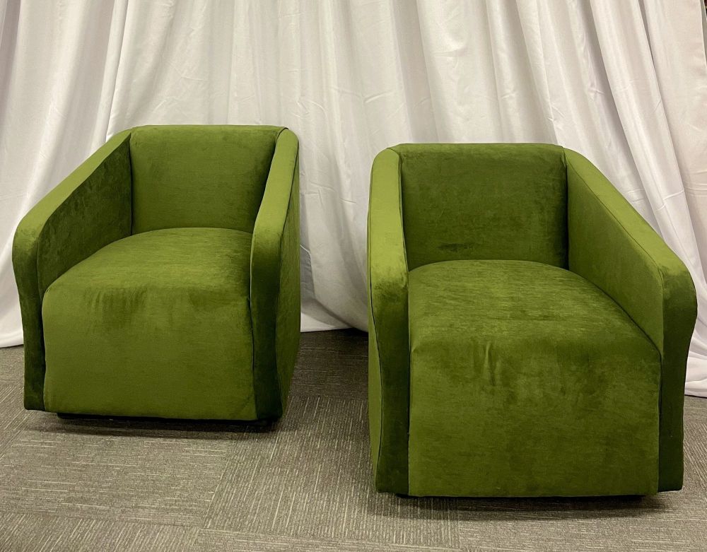 Pair Green Velvet Swivel Chairs