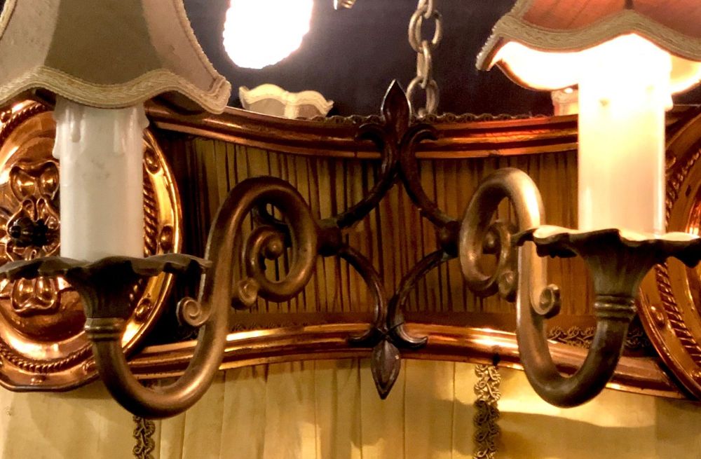 Palatial Light Fixture in Copper, Brass and Iron with Silk Dome Shade