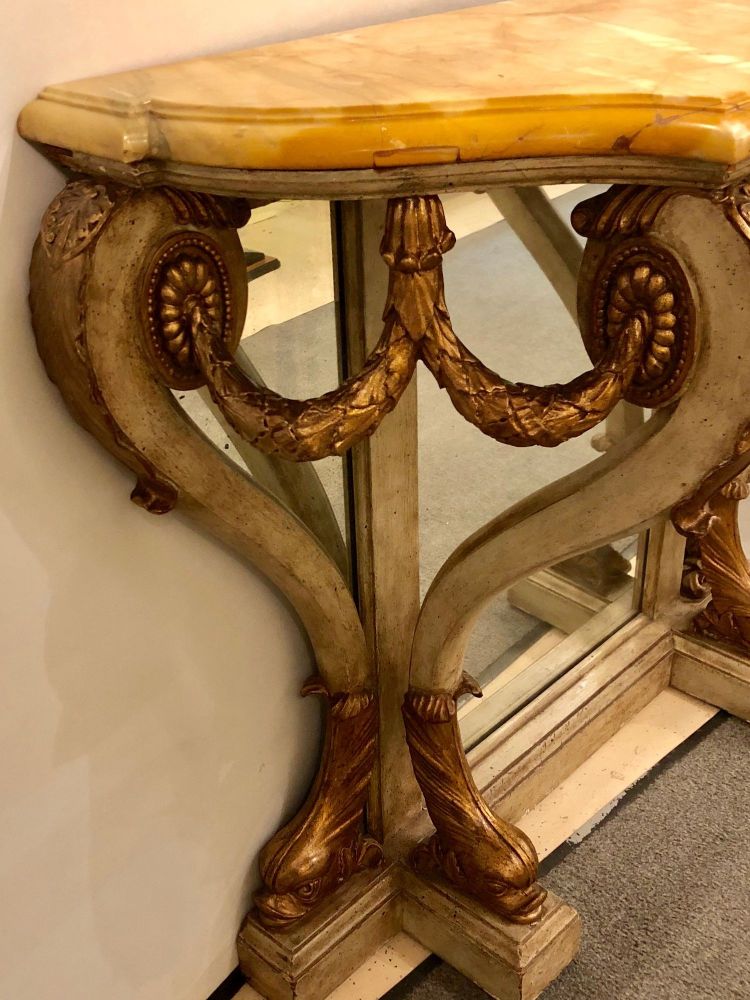 Neoclassical Style Marble-Top Bowed Table Mirrored Back Gilded Dolphin Accents