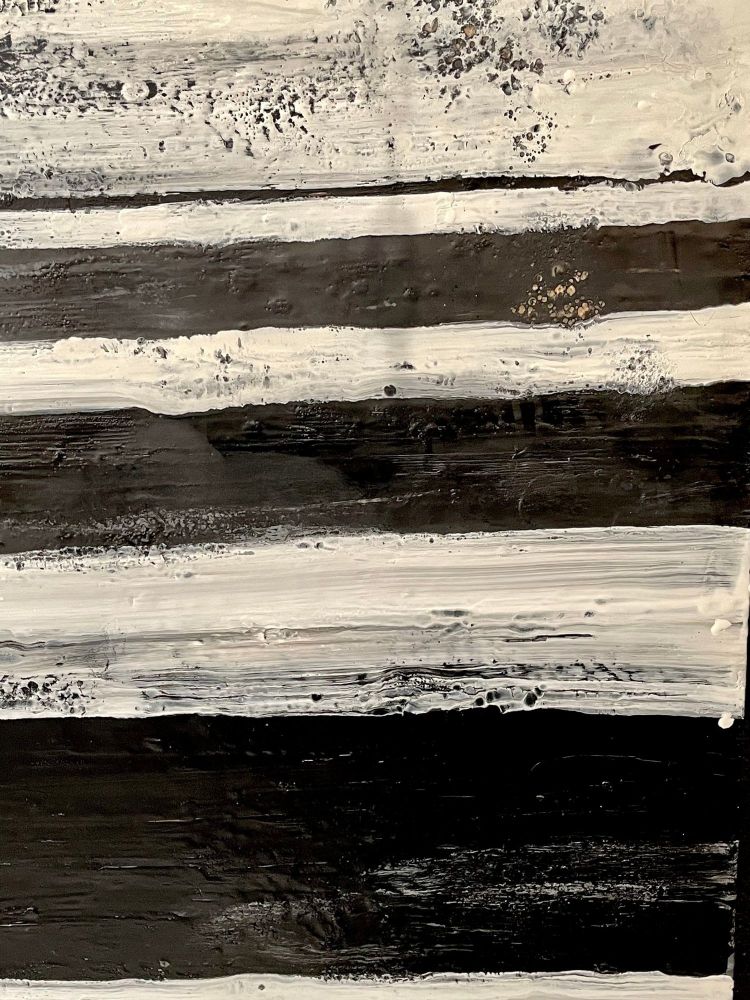 Lynn Basa Encaustic Black and White Stripe Panel "The Speckled", 2013