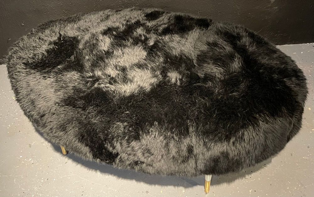 Mid-Century Modern Ottoman Having Bradley Hughes Sheepskin Upholstery