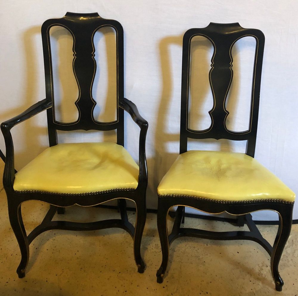 Set of Eight Queen Anne Style Ebonized and Gilt Decorated Dining Chairs