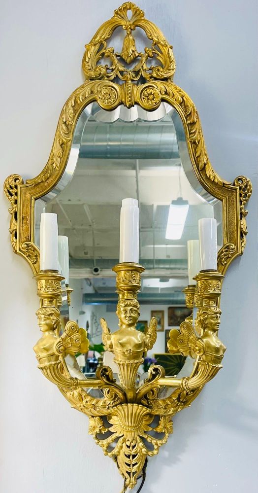 Pair Neoclassical Style Wall Sconces Bronze Three Arm Light with Fairy Figures