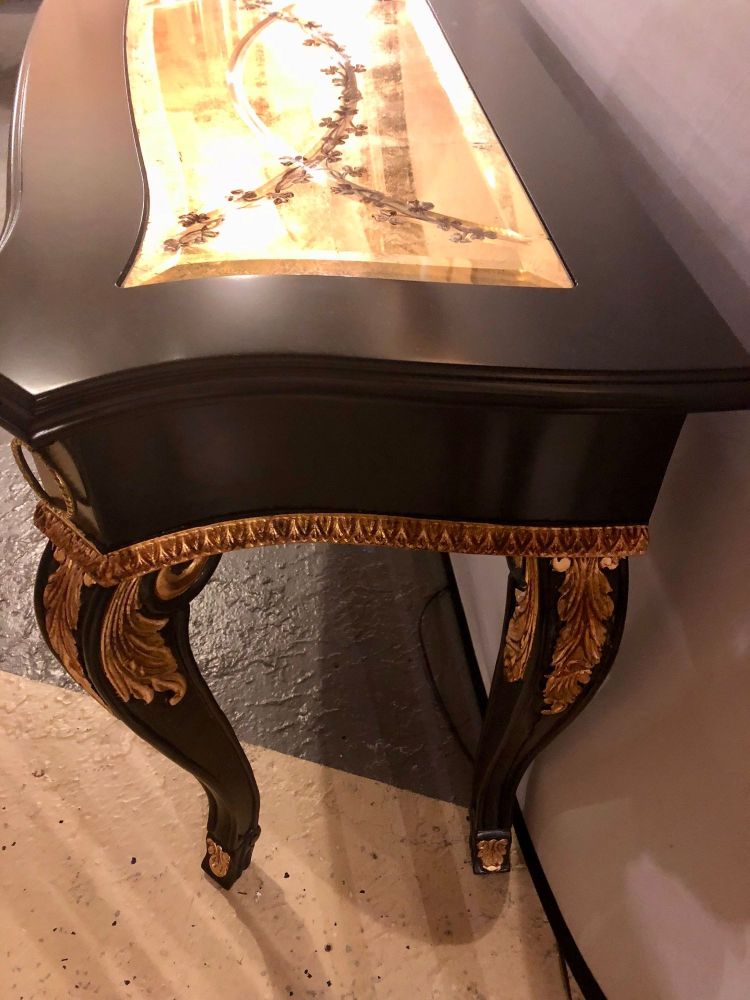 Ebony and Parcel-Gilt Decorated Console / Sofa Table with Fine Beveled Glass Top