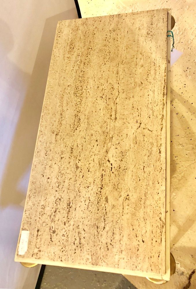 Mid-Century Modern Coffee Table Inset Travertine Marble-Top and Brass Stretcher