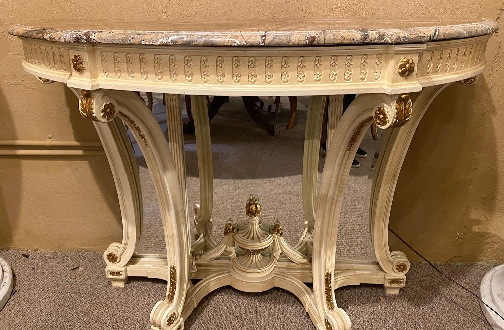 Demilune Console Hollywood Regency Style Marble-Top with Beveled Mirror Back