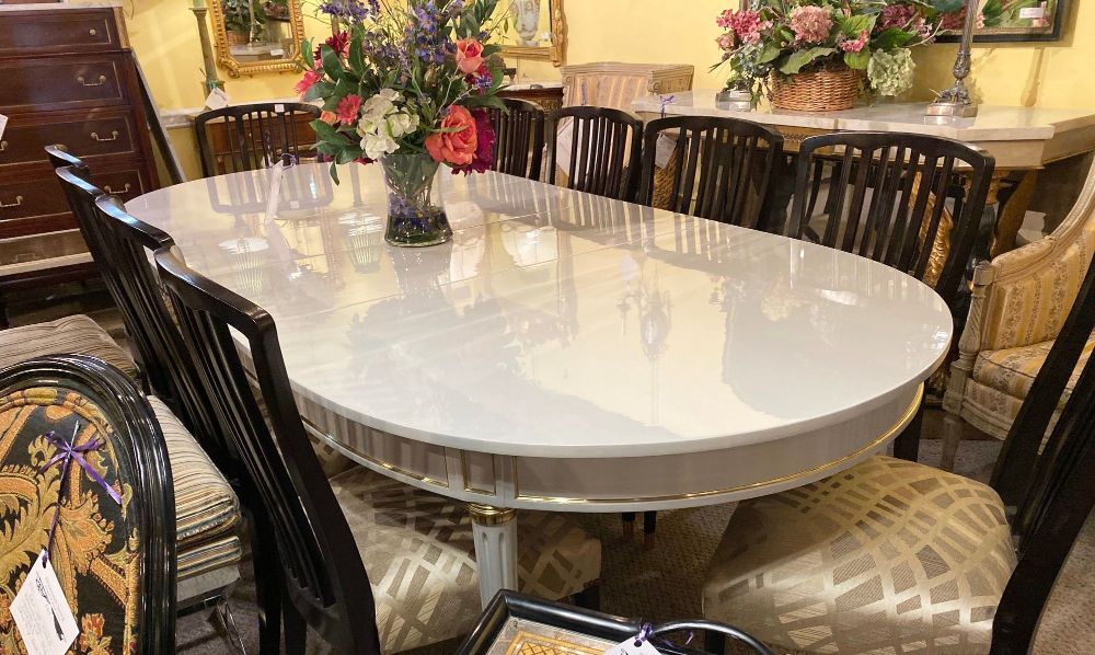 Hollywood Regency, Gray Lacquer, Bronze, Dining Table