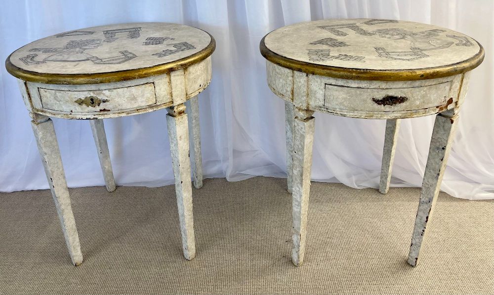 Gustavian Pair of End, Side Tables, Swedish Paint Decorated, Fornasetti Style
