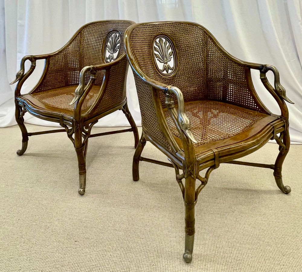 Pair of French Bergère Swan Arm, Lounge Chairs, Silver Metal, Cane, Tortoise