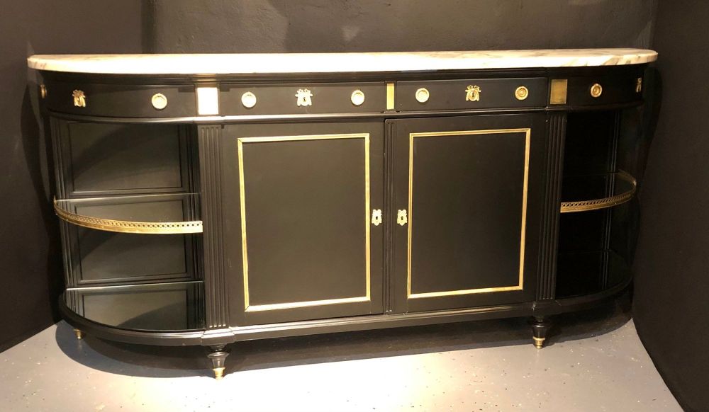 Jansen Hollywood Regency Sideboard, Console, Ebony w Marble Top and Bronze Deco