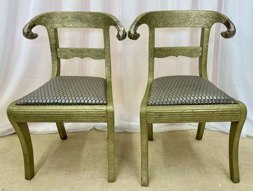 Pair of Neoclassical Side Chairs, Wrapped Metal, Rams Heads, Europe Gustavian